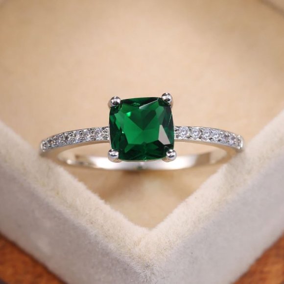 Jewelry - 18k White Gold Diamond Emerald Cushion Cut Ring
